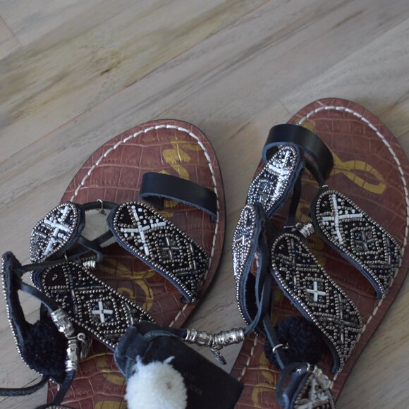 Sam Edelman Womens Beaded Flat Sandals with Ankle Wrap Ties - Picture 3 of 10